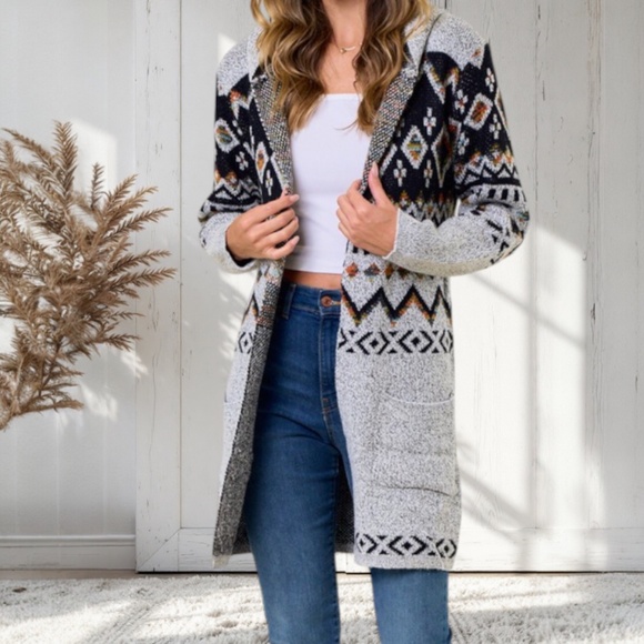 Gray Aztec Rainbow Jacquard Western Knit Hooded Cardigan Sweater w/ Pockets - Picture 1 of 3